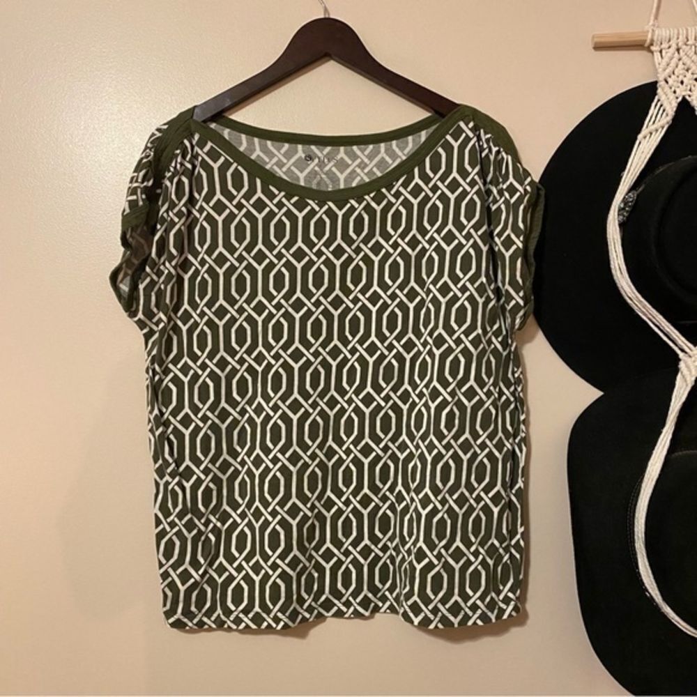 Stylus Olive Green Geometric‎ Print Short Sleeve Top Casual Chic XL